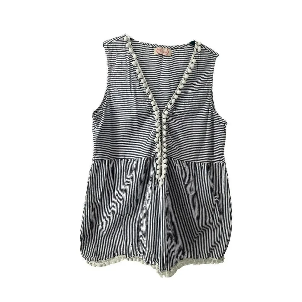 Blush Pom Pom Sleeveless Top Blue White Striped Deep Adjustable V Neck Womens L